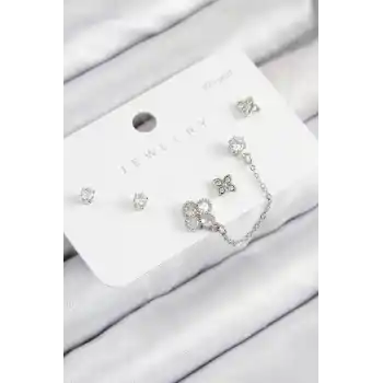 Pirinç Zirkon Taşlı Yonca Model Gümüş Renk 925 Ayar Gümüş Çivi Kadın Küpe Set