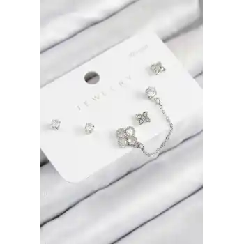 Pirinç Zirkon Taşlı Yonca Model Gümüş Renk 925 Ayar Gümüş Çivi Kadın Küpe Set