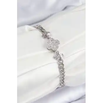 Pirinç Zirkon Taşlı Yonca Model Gümüş Renk Kadın Bileklik