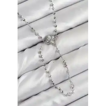 Pirinç Zirkon Taşlı Yonca Model Gümüş Renk Kadın Y Kolye