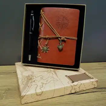 Pusula Baskılı Deri Defter Kalem Seti