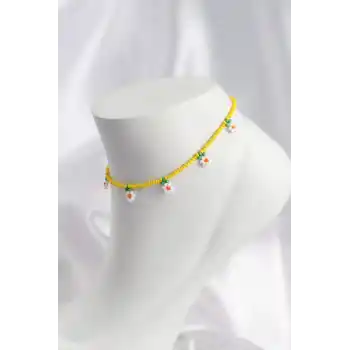 Sarı Renk Boncuklu Papatya Motifli Halhal