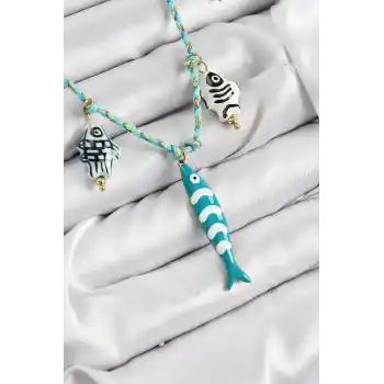 Seramik Motifli Balık Figürlü Model Mavi İp Kadın Kolye