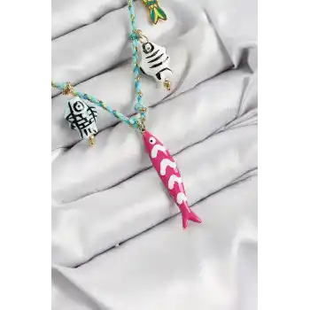 Seramik Motifli Pembe Balık Figürlü Model Mavi İp Kadın Kolye