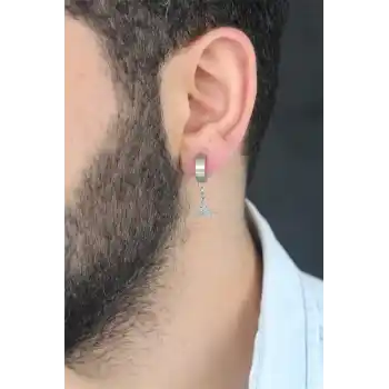 Silver Renk Kaplama Osmanlı Tuğra Figürlü Kıstırmalı Çelik Erkek Küpe