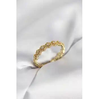 Sıralı Çiçek Model Gold Renk Zirkon Taşlı Kadın Yüzük