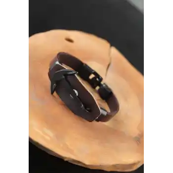 Siyah Deniz Çapalı Çelik Aksesuarlı Kahverengi Deri Erkek Bileklik