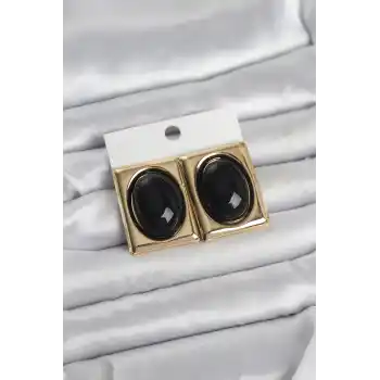Siyah Kare Model Vintage Gold Renk Kadın Küpe