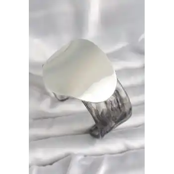 Siyah Mermer Desen Akrilik Pilastik Gümüş Plaka Model Vintage Kadın Bilezik