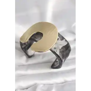 Siyah Mermer Desen Akrilik Plastik Gold Nal Model Plaka Vintage Kadın Bilezik