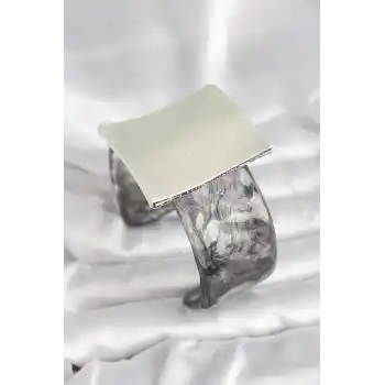Siyah Mermer Desen Akrilik Plastik Gümüş Kare Plaka Model Vintage Kadın Bilezik