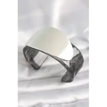 Siyah Mermer Desen Akrilik Plastik Gümüş Oval Plaka Model Vintage Kadın Bilezik