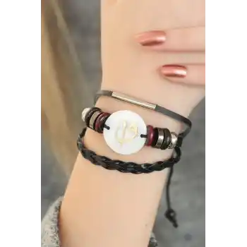 Siyah Renk Elif Vav Tasarım Çoklu Deri Bayan Bileklik