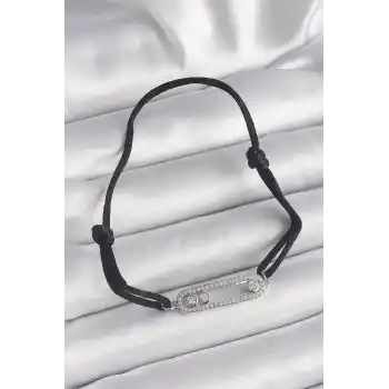 Siyah Renk İpli Asansör Zirkon Taşlı Gümüş Messika Model Kadın Bileklik