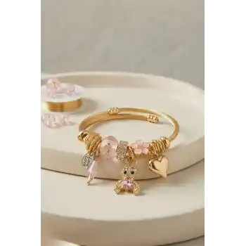 Tavşan Model Gold Renk Pembe Charmlı Bileklik