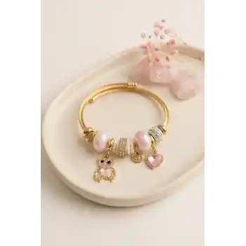 Tedy Bear Model Gold Renk Pembe Charmlı Bileklik