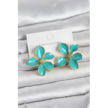 Turkuaz Mineli Çiçek Model Pirinç Kadın Küpe