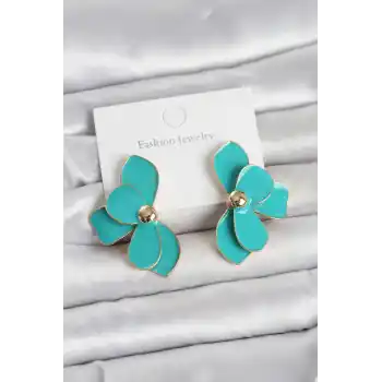 Turkuaz Mineli Lotus Model Pirinç Kadın Küpe