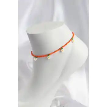 Turuncu Renk Boncuklu Papatya Motifli Halhal