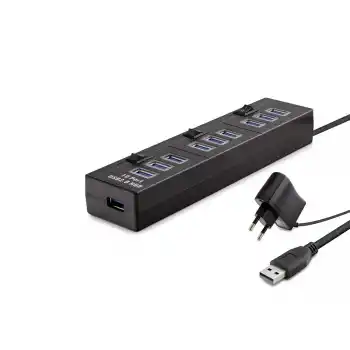 Usb Hub 10*Usb 1M Siyah ( Güç Adaptörlü) HDX7005