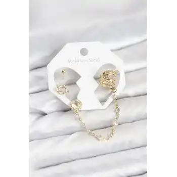 Uzay Model Pirinç Gold Renk Zincir Bağlantılı Ear Cuff Küpe Seti