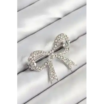 Üzeri Zirkon Taşlı Fiyonk Figürlü Gümüş Renk Kadın Broş