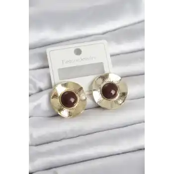 Vintage Model Kahverengi Gold Renk Pirinç Kadın Küpe