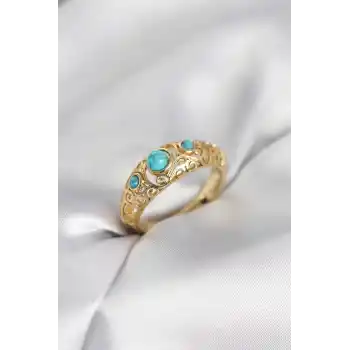 Vintage Model Mavi Taşlı Gold Renk Kadın Yüzük