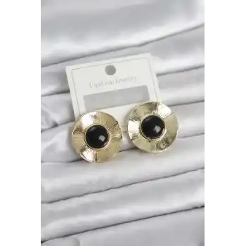Vintage Model Siyah Gold Renk Pirinç Kadın Küpe