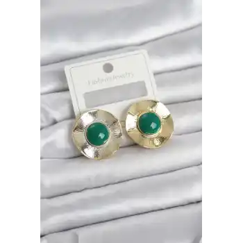 Vintage Model Yeşil Gold Renk Pirinç Kadın Küpe