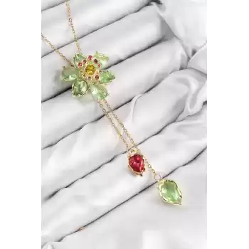 VIP Pirinç Zirkon Taşlı Çiçek Model Gold Renk Asansörlü Kadın Kolye