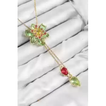 VIP Pirinç Zirkon Taşlı Çiçek Model Gold Renk Asansörlü Kadın Kolye