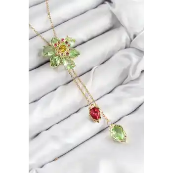 VIP Pirinç Zirkon Taşlı Çiçek Model Gold Renk Asansörlü Kadın Kolye