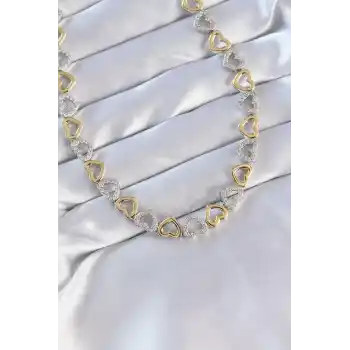 Vip Seri Pirinç Çift Renk Zirkon Taşlı İçi Boş Kalp Tasarımlı Kolye