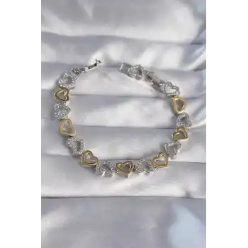Vip Seri Pirinç Çift Renkli Zirkon Taşlı İçi Boş Kalp Tasarımlı Bileklik