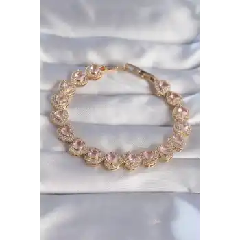 Vip Seri Pirinç Gold Renk Pembe Zirkon Taşlı Kalp Tasarımlı Bileklik