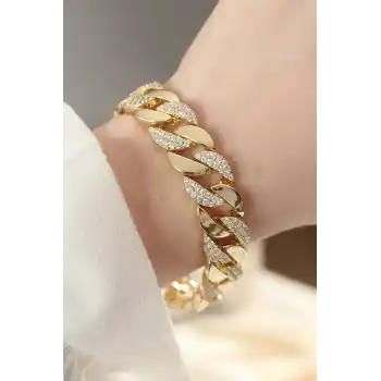 Vip Seri Pirinç Zirkon Taşlı Gold Renk Gurmet Bileklik