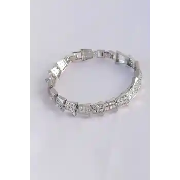 Vip Seri Pirinç Zirkon Taşlı Gümüş Renk Geometrik Bileklik
