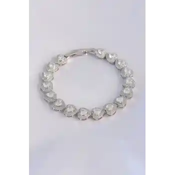 Vip Seri Pirinç Zirkon Taşlı Gümüş Renk Kalp Model Bileklik