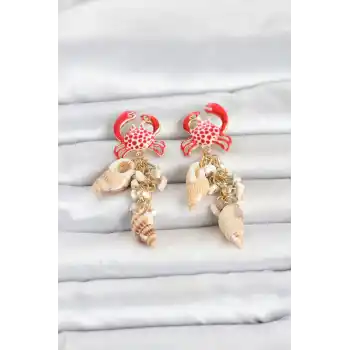 Yengeç Model Deniz Kabuğu Detaylı Kadın Küpe