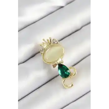 Yeşil Damla Zirkon Taşlı Kraliçe Taçlı Kedi Figürlü Gold Renk Kadın Broş