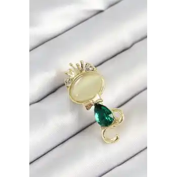 Yeşil Damla Zirkon Taşlı Kraliçe Taçlı Kedi Figürlü Gold Renk Kadın Broş