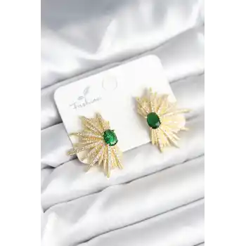 Yeşil Taş Detaylı Zirkon Taşlı Gold Renk Pirinç Kadın Küpe