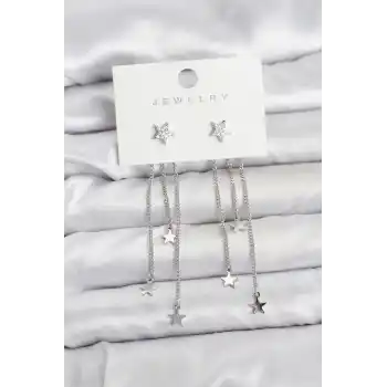 Yıldız Model Gümüş Renk Pirinç Sallantılı Kadın Küpe