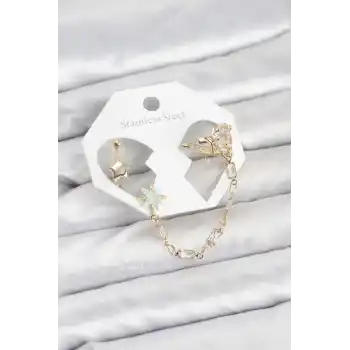 Yıldız Model Pirinç Gold Renk Zincir Bağlantılı Ear Cuff Küpe Seti
