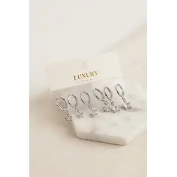 Yıldız Zirkon Taşlı Gümüş Renk Pirinç Set Küpe