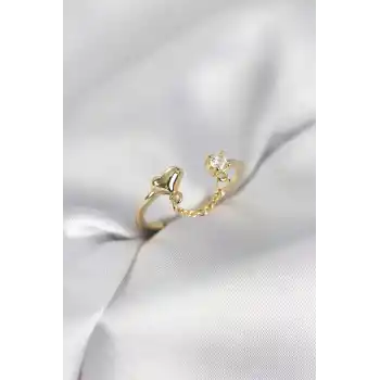 Zincir Sallantılı Kalp Model Gold Renk Kadın Yüzük