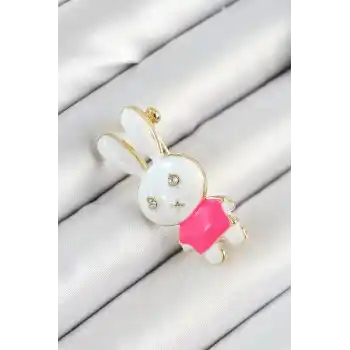 Zirkon Taş Detaylı Beyaz Ve Pembe 3D Tavşan Figürlü Kadın Broş
