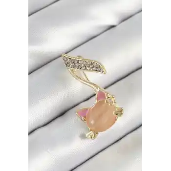 Zirkon Taşlı 3D Kedi Detaylı Nota Figürlü Gold Renk Kadın Broş