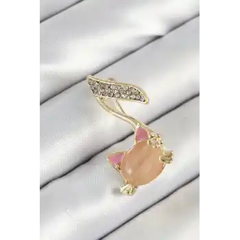 Zirkon Taşlı 3D Kedi Detaylı Nota Figürlü Gold Renk Kadın Broş